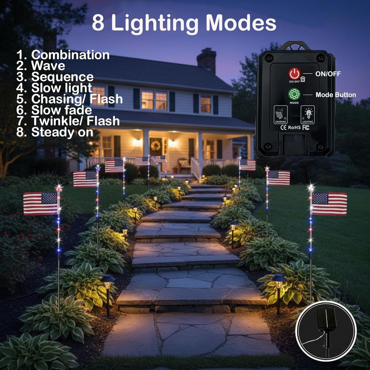 ✅8 Solar American Flag Pathway Lights – Red, White & Blue Yard Glow for 250th Independence Celebration 🇺🇸