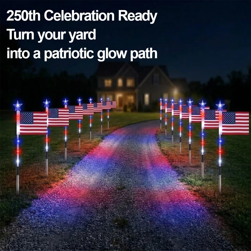 ✅8 Solar American Flag Pathway Lights – Red, White & Blue Yard Glow for 250th Independence Celebration 🇺🇸